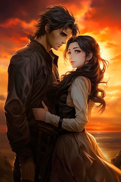 Premium AI Image | Cute romantic young couple anime style at sunset