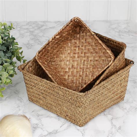 set of three square wheat straw baskets by dibor | notonthehighstreet.com