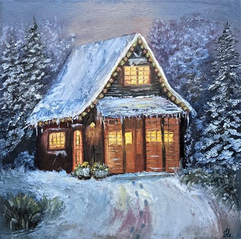 Fairytale House Oil Painting Winter Original Art Snow Wall A - Inspire Uplift