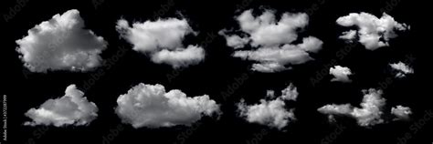 Clouds set isolated on black background. White cloudiness, mist or smog background. Design ...