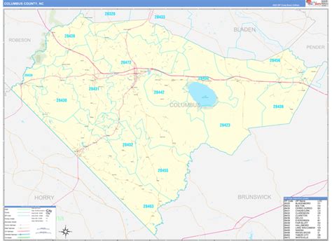 Columbus County, NC Zip Code Wall Map Basic Style by MarketMAPS - MapSales