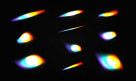 Rainbow crystal light leak flare reflection effect vector illustration set. Colorful optical ...