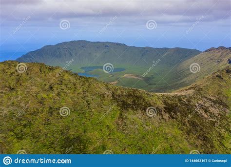 Aerial View of Volcanic Crater Caldeirao with a Beautiful Lake on the Top of Corvo Island ...