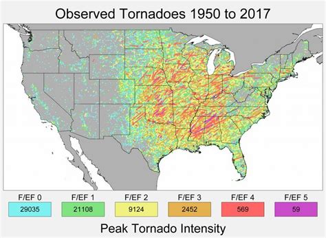 Track and Peak Intensity of U.S. Tornadoes (1950 - 2017) - Vivid Maps | Tornadoes, Travel ...