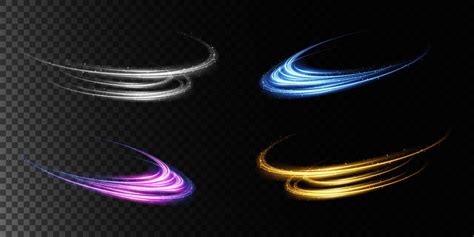 Set of neon light rings. Whirlwind effect. Curve blue, purple, gold line light effect. Abstract ...