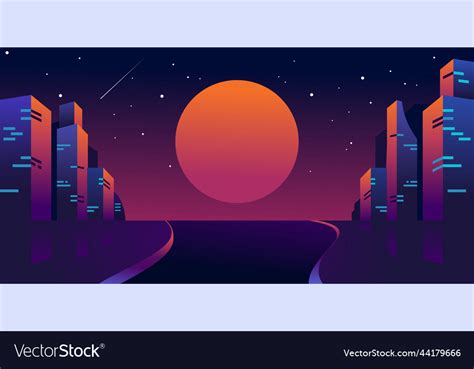 Retro futuristic night city with moon or sun Vector Image