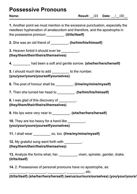 101 Possessive Pronouns PDF Worksheets with Answers - Grammarism