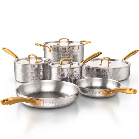 Homaz life Pots and Pans Set, Tri-Ply Stainless Steel Hammered Silver and Gold 10-Piece for sale ...