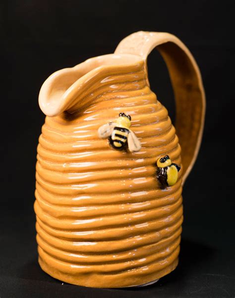 Handmade Coil Pottery Beehive Pitcher, Honey Color with Bees and ...