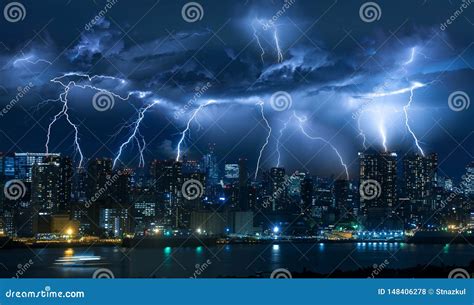 Lightning Storm Over City in Blue Light Stock Photo - Image of bolt, night: 148406278