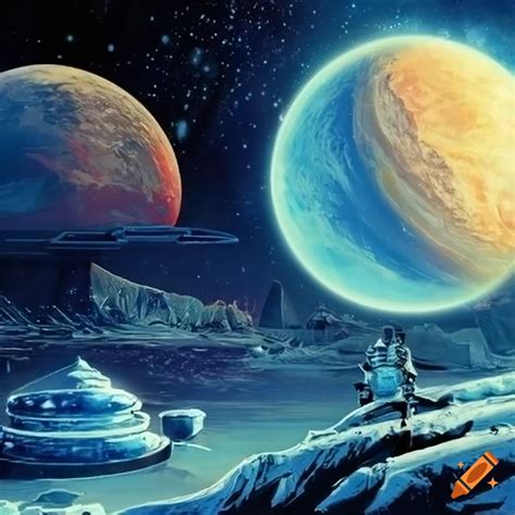 Classic retro science fiction art of an ice planet on Craiyon