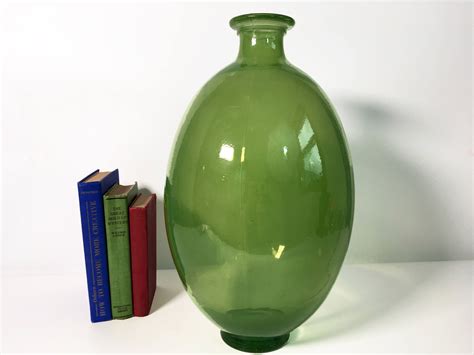 Vintage Art Glass Vase - Green Large Bulbous Oval Floor Vase - Tall Hand blown Glass Vase Urn ...