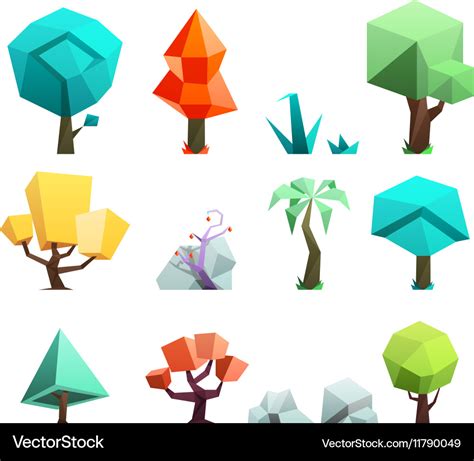 Low poly trees rocks grass icons set Royalty Free Vector