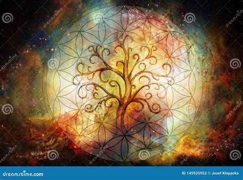 Tree of Life Symbol and Flower of Life and Space Background, Yggdrasil ...