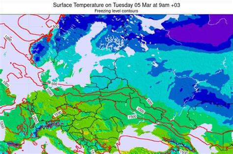 Lithuania Surface Temperature on Monday 15 Mar at 9pm MSK