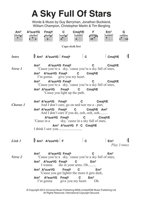 A Sky Full Of Stars by Coldplay Sheet Music for Guitar Chords/Lyrics at Sheet Music Direct