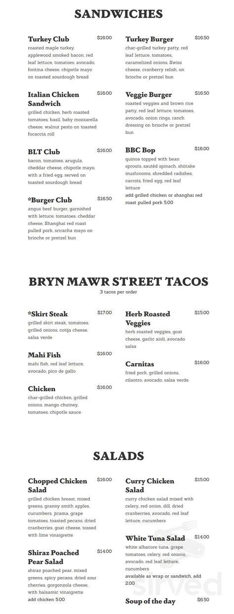 Bryn Mawr Breakfast Club menu in Chicago, Illinois, USA