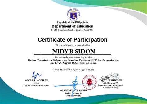 Certificate of Participation Online Training Gulayan Sa Paaralan ...