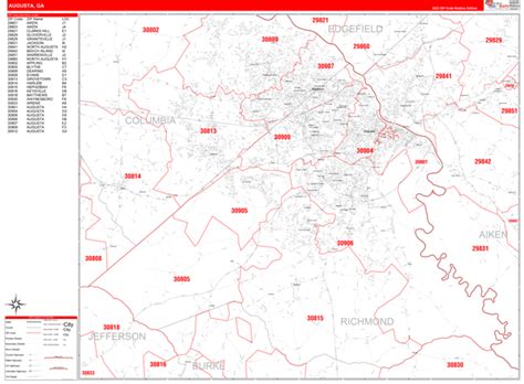 Augusta Georgia Zip Code Wall Map (Red Line Style) by MarketMAPS