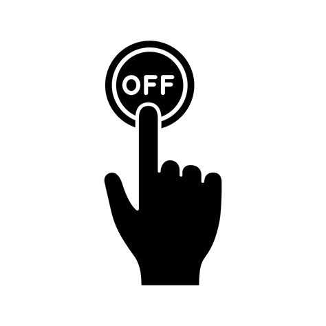 Turn off button click glyph icon. Silhouette symbol. Shutdown. Power off. Hand pressing button ...