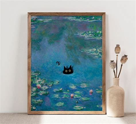 Monet Waterlily Cat Print, Claude Monet Cat Poster