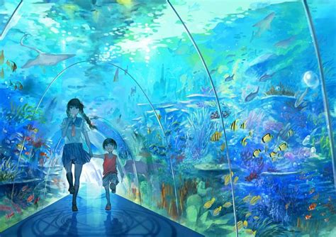 summer in the aquarium | Anime scenery, Anime artwork, Animation art