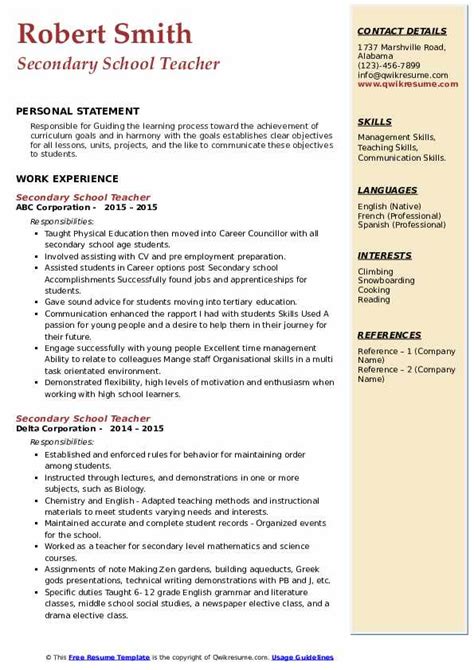 Secondary Teacher Resume Samples Qwikresume - Riset