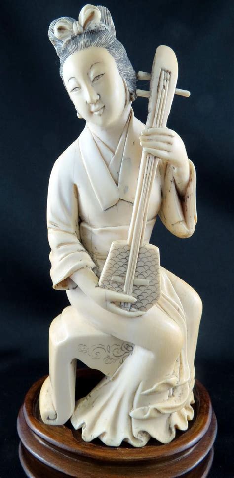 19th C. Chinese Carved Ivory Figure, depicting woman sitting & playing ...