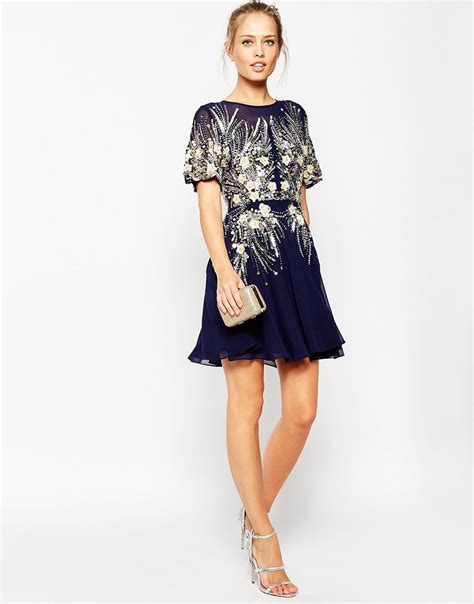 Lyst - Asos Gold And Navy Sparkle Mesh Skater Dress in Blue