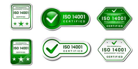 ISO 14001 Certified Label Stamp. Environmental management system Sign. With a check, and star ...