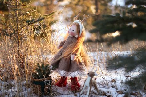 Ainur and her deer friend Magnus, set of natural fiber art dolls by Fig ...