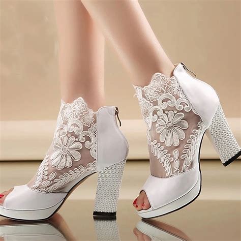 New Fashion Peep Toe Summer Wedding Boots Sexy White Lace Prom Evening ...