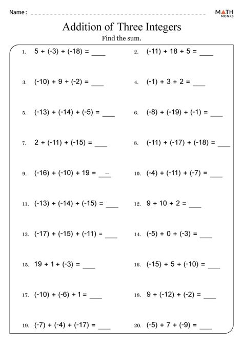 Integers Worksheets for Grade 6 - Math Monks