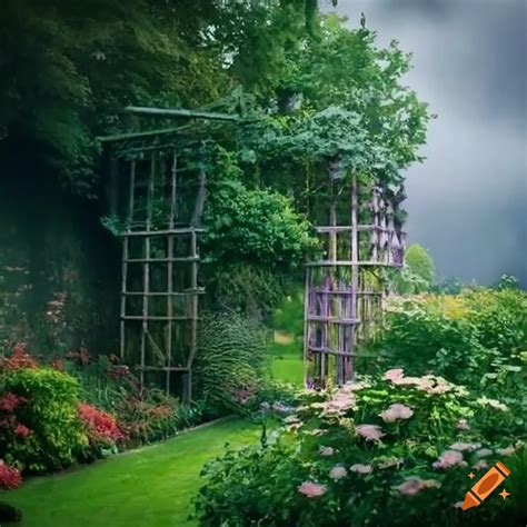 Garden with ornate trellis and stormy backdrop