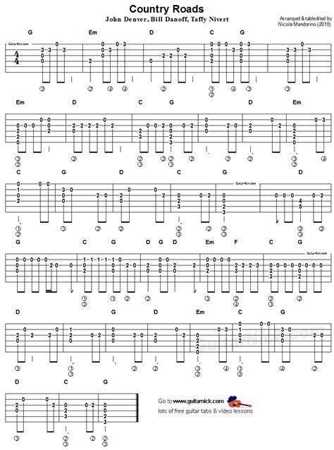 Country Roads: guitar tab with melody and chords - GuitarNick.com | Guitar tabs, Learn guitar ...