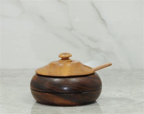 Vintage Wooden Bowl, Sugar Bowl With Lid and Spoon, Wood Bowl ...