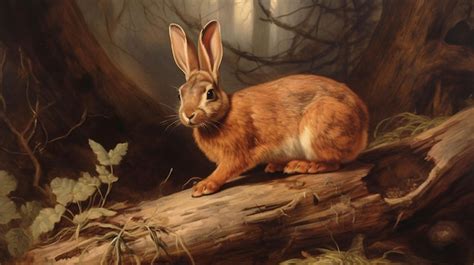 Premium AI Image | Painting of a rabbit sitting on a log in a forest generative ai