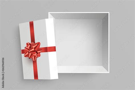 Open gift box vector illustration. Opened square surprise box with red bow and ribbon isolated ...