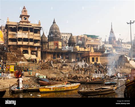 Varanasi (Benares), Manikarnika Ghat, is the main cremation ghat where Hindus cremate their dead ...