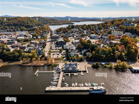 Aerial view of the city of Newport in Vermont from above the lake with ...