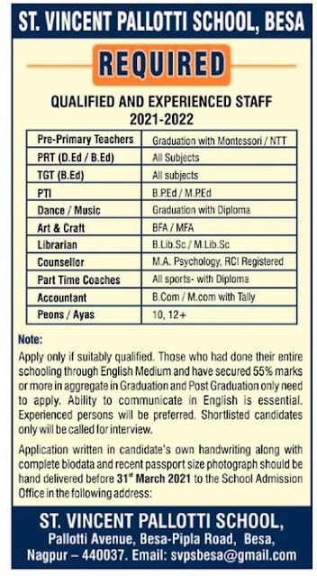 St.Vincent Pallotti School, Besa, Nagpur wanted Teaching and Non-Teaching staffs - Faculty Teachers