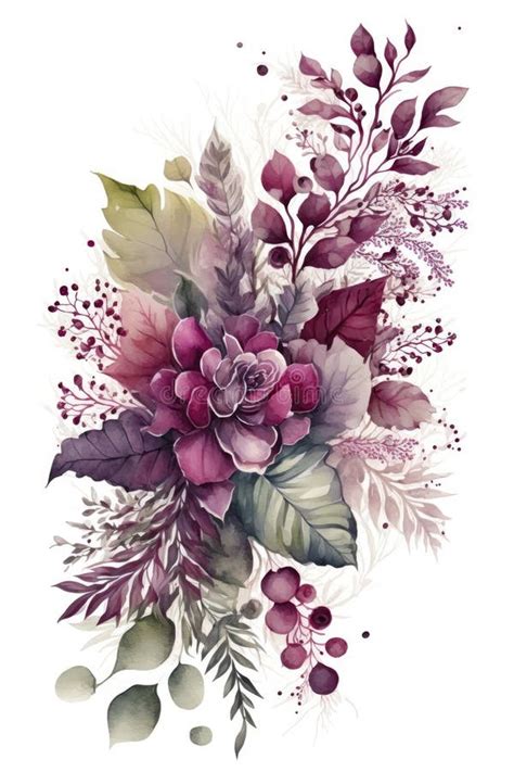 Watercolor Illustration of a Loose Floral Border Bouquet in a Magenta Pink Color Palette on a ...