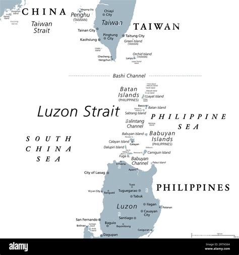 Luzon Strait, gray political map. Strait between Luzon and Taiwan ...