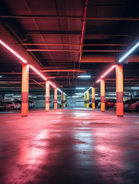 Premium AI Image | an empty parking garage with neon lights