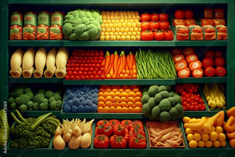 Fresh organic Vegetables and fruits on shelf in supermarket, farmers market. Healthy food market ...