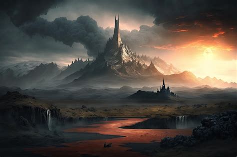 Premium AI Image | Mordor landscape with looming tower in the distance