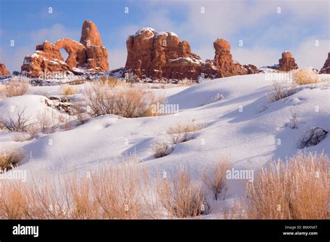 Winter in Arches National Park in the desert southwest of Utah USA Stock Photo - Alamy