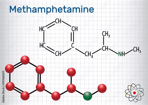 Methamphetamine (crystal meth, C10H15N) molecule. Structural chemical formula and molecule model ...