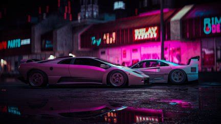 artwork, digital art, car, vehicle, Lamborghini, Ferrari, neon, OutRun, vaporwave, Ferrari F40 ...