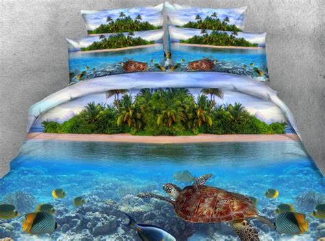 3pcs HD Digital Print gorgeous Turtle bed cover set Deep Ocean / Resort Island scenery Tortoise ...